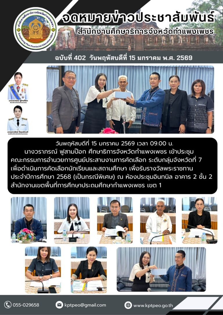 ประชุม คณะกรรมการอํานวยการศูนย์ประสานงานการคัดเลือก ระดับกลุ่มจังหวัดที่ 7 เพื่อดำเนินการคัดเลือกนักเรียนและสถานศึกษา เพื่อรับรางวัลพระราชทาน