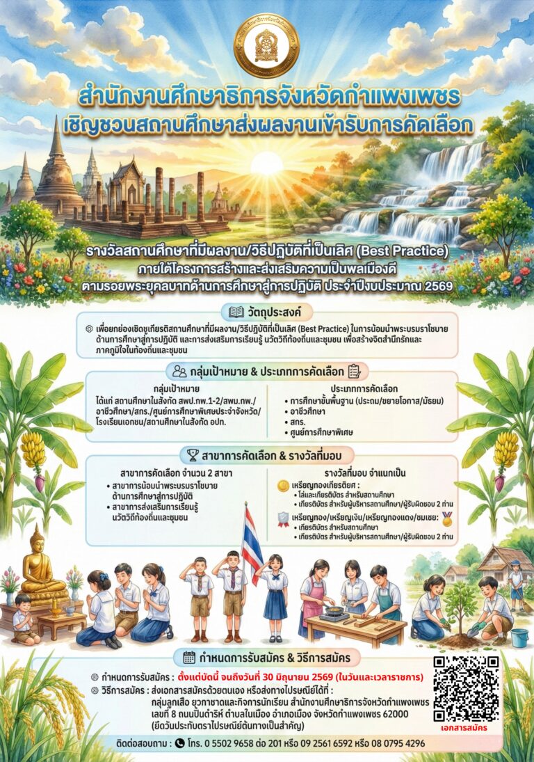 สำนักงานศึกษาธิการจังหวัดกำแพงเพชร เชิญชวนสถานศึกษาส่งผลงานเข้ารับการคัดเลือก รางวัลสถานศึกษาที่มีผลงาน/วิธีปฏิบัติที่เป็นเลิศ (Best Practice) ภายใต้โครงการสร้างและส่งเสริมความเป็นพลเมืองดี ตามรอยพระยุคลบาทด้านการศึกษาสู่การปฏิบัติ ประจำปีงบประมาณ 2569